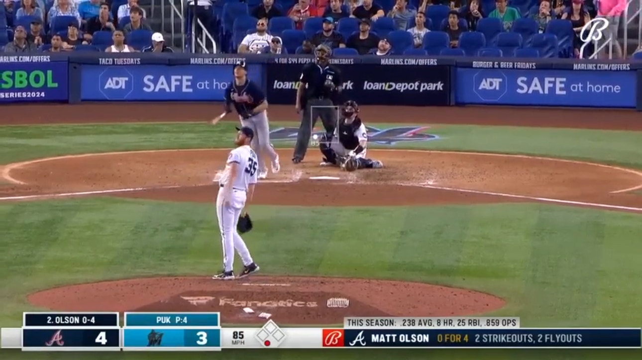 Matt Olson hits a home run in the ninth inning of the Braves' 6-3 victory over the Marlins