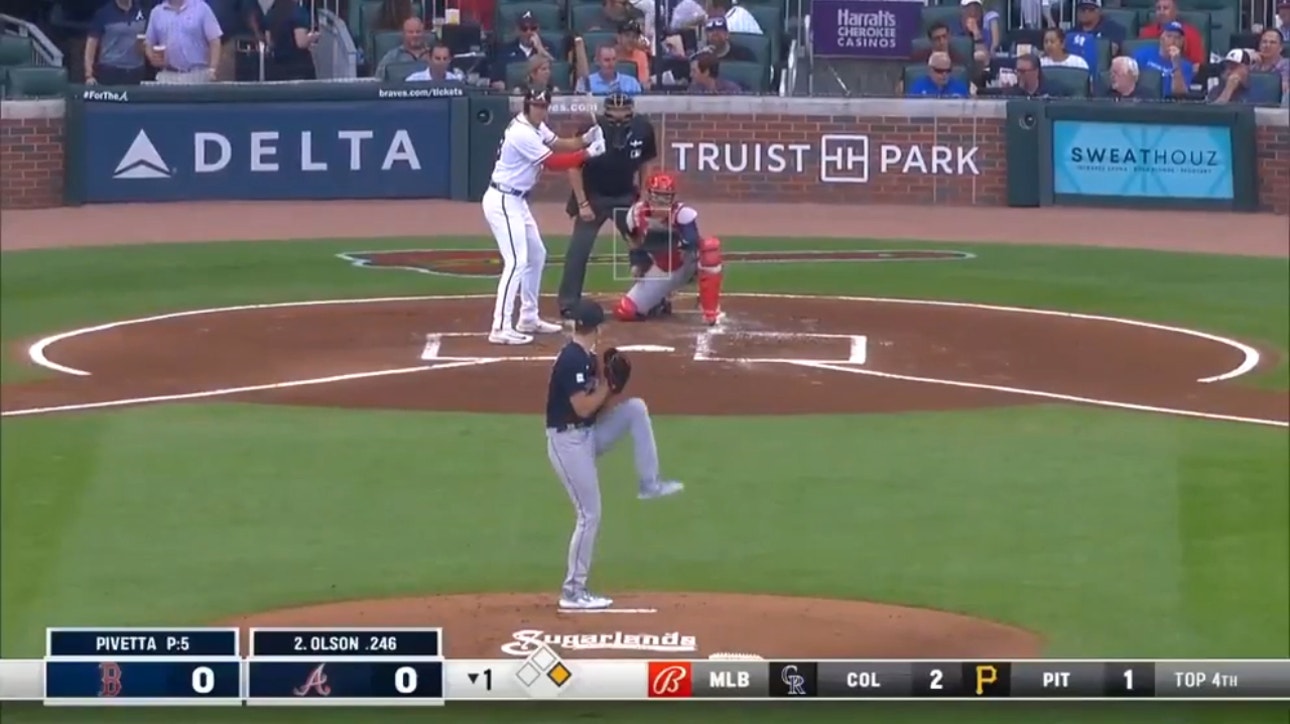 Braves' Matt Olson hits a deep shot to right field to take the 2-0 lead over the Red Sox