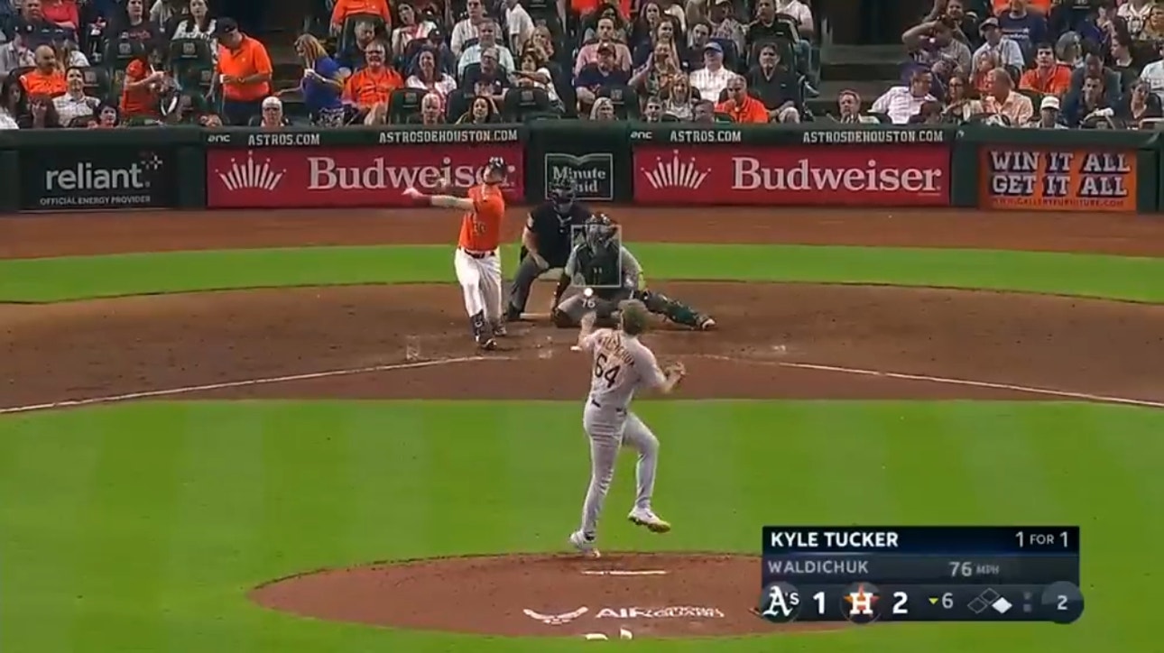 Astros' Kyle Tucker muscles a two-run home run to right field for a 4-1 lead over the A's