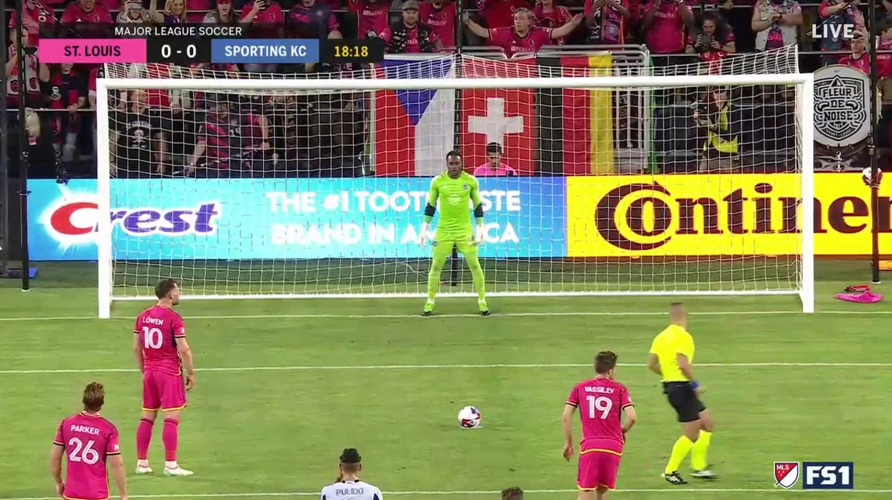 Eduard Lowen scores on a penalty kick to give St. Louis City a 1-0 lead over Sporting KC