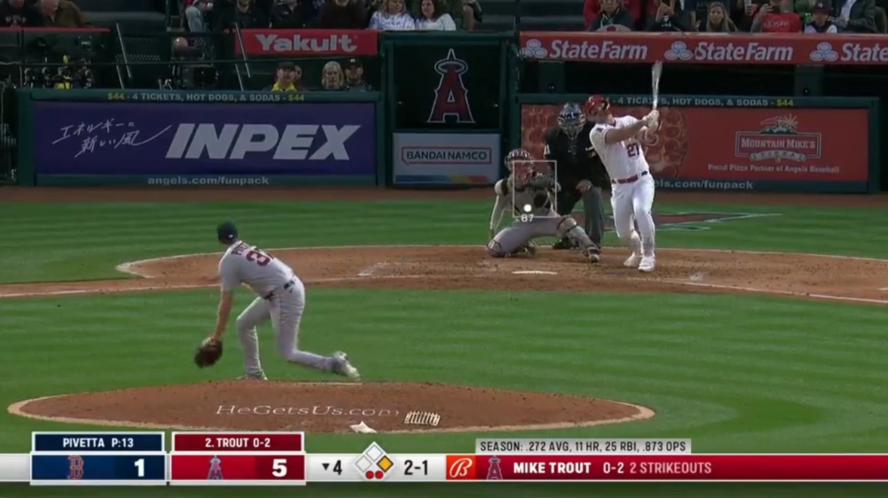 Mike Trout smacks a two-run homer to add to the Angels' lead over the Red Sox