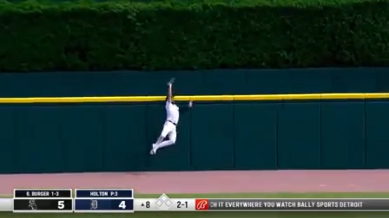 Tigers' Riley Greene leaps and robs White Sox's Jake Burger of a home run