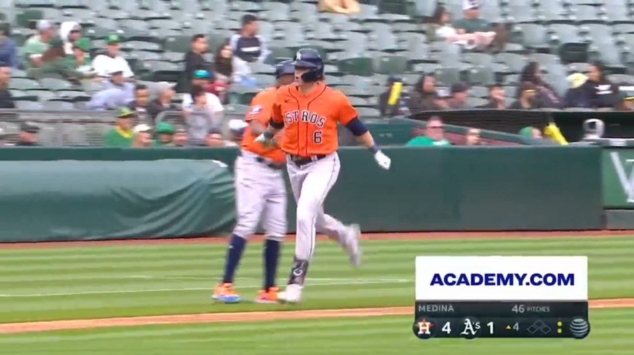 Jake Meyers launches a three-run home run to give the Astros a 4-1 lead against the A's