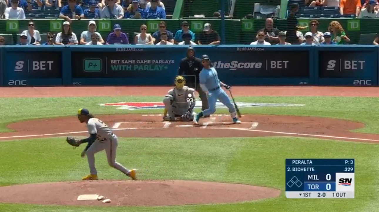 Blue Jays' Bo Bichette starts a three-run rally in the first inning with a solo shot vs. the Brewers