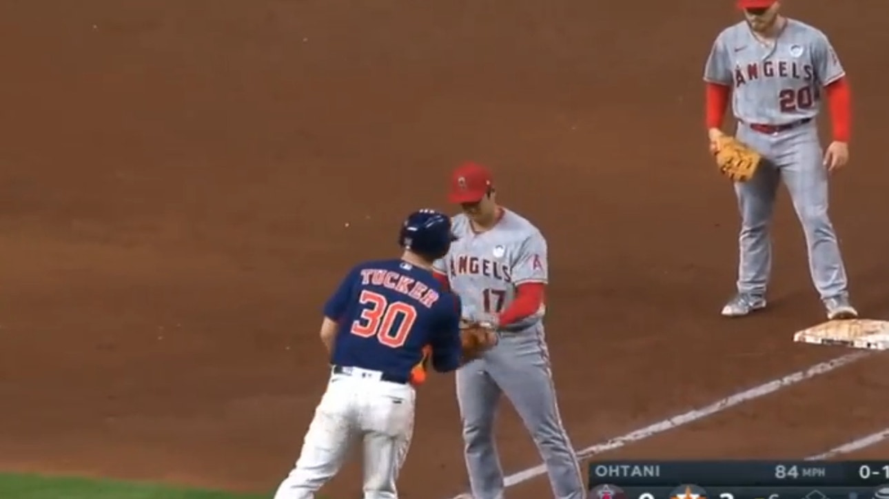 Shohei Ohtani shows humorous sportsmanship as he tags out Astros' Kyle Tucker 
