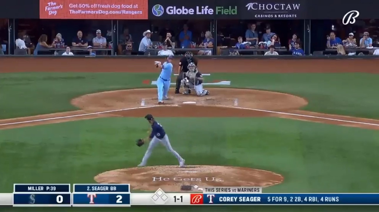 Rangers' Corey Seager powers a solo shot 435 feet in the third inning vs. the Mariners