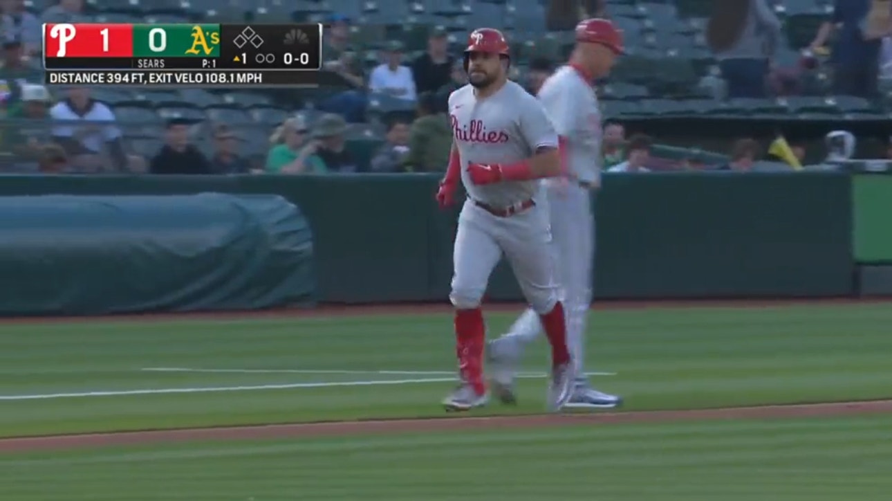 Phillies' Kyle Schwarber smokes a leadoff homer to open the game vs. the A's