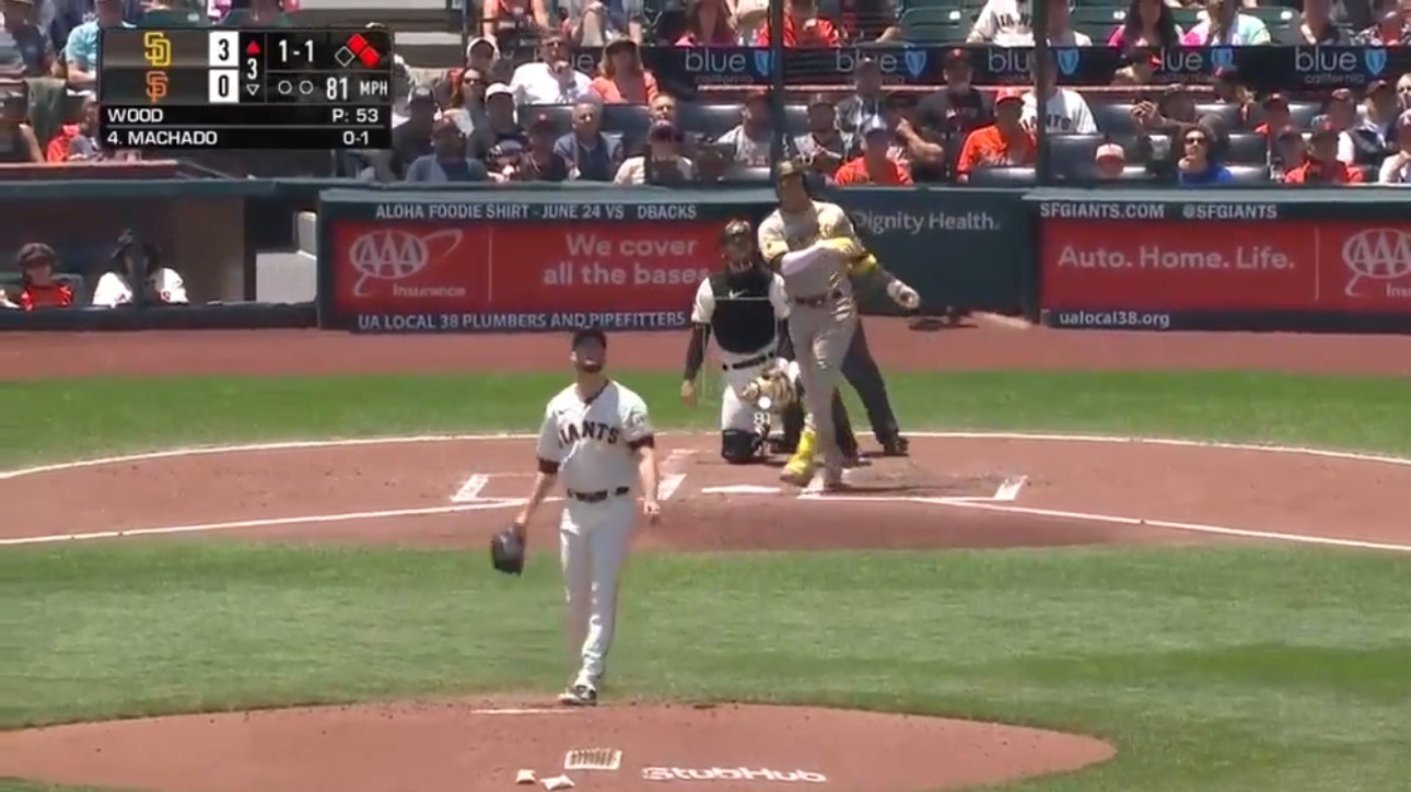 Padres' Manny Machado smokes a three-run, no-doubter 443 feet to center field, extending the lead vs. the Giants