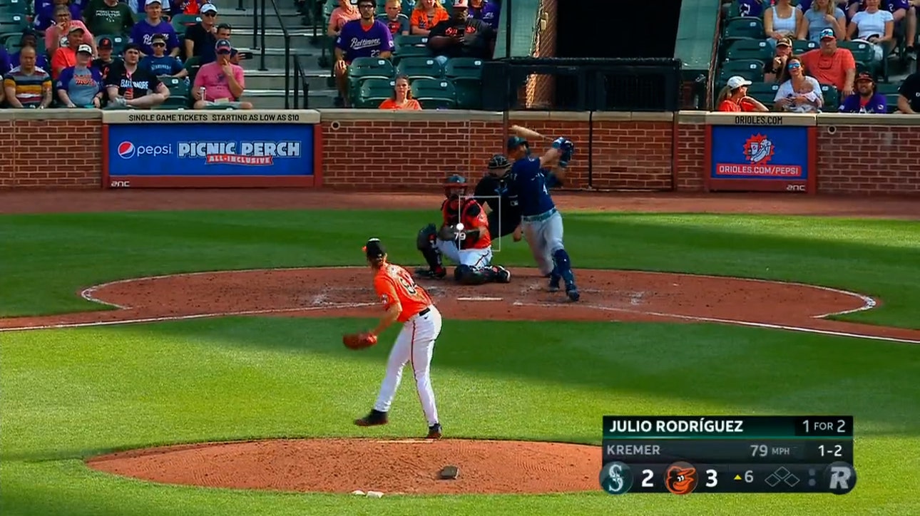 Julio Rodríguez cranks a solo home run to left field to help the Mariners tie the game against the Orioles