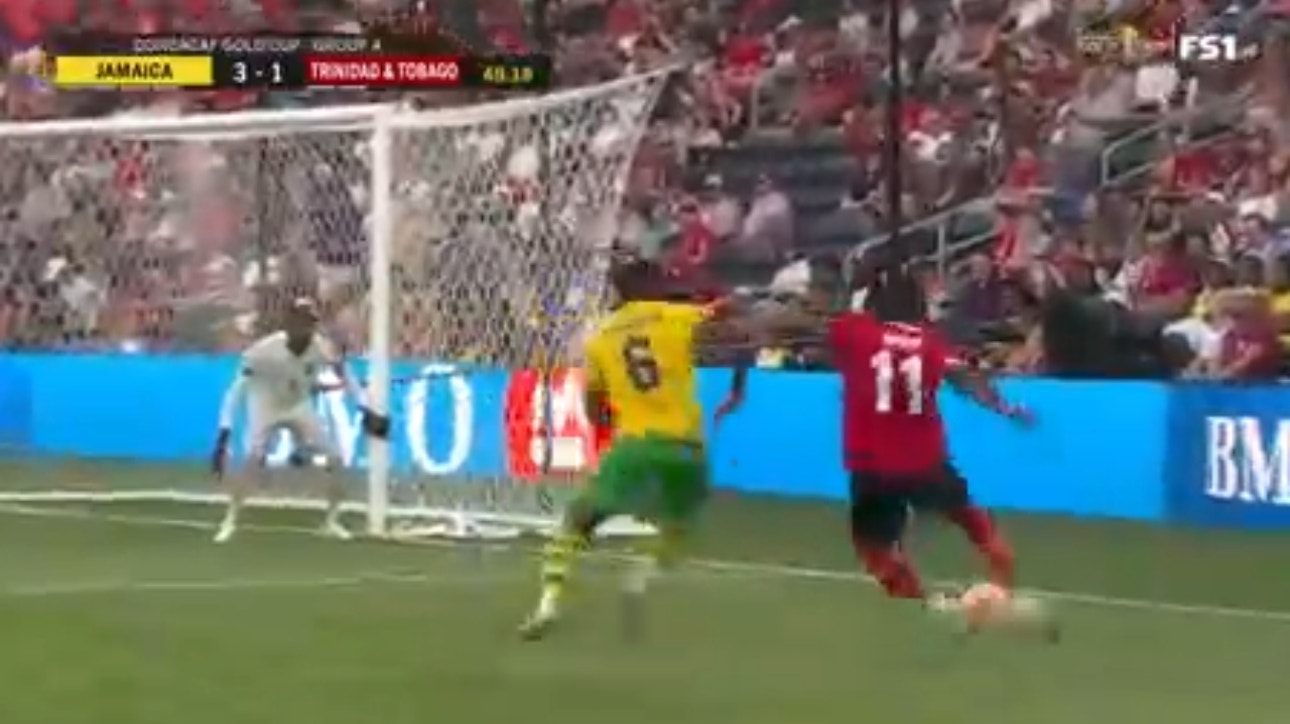 Andre Rampersad scores to get Trinidad and Tobago on the board against Jamaica