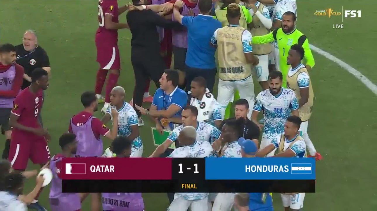 A scuffle breaks out between Qatar and Honduras after the conclusion of their CONCACAF Gold Cup match