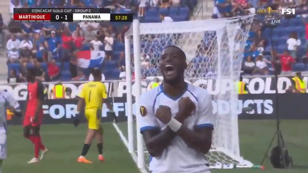 Panama's José Fajardo heads in the first goal of the match, giving them the lead over Martinique