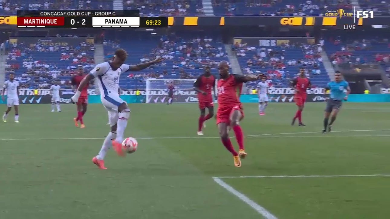 Michael Murillo scores inside the box to give Panama a 2-0 lead over Martinique