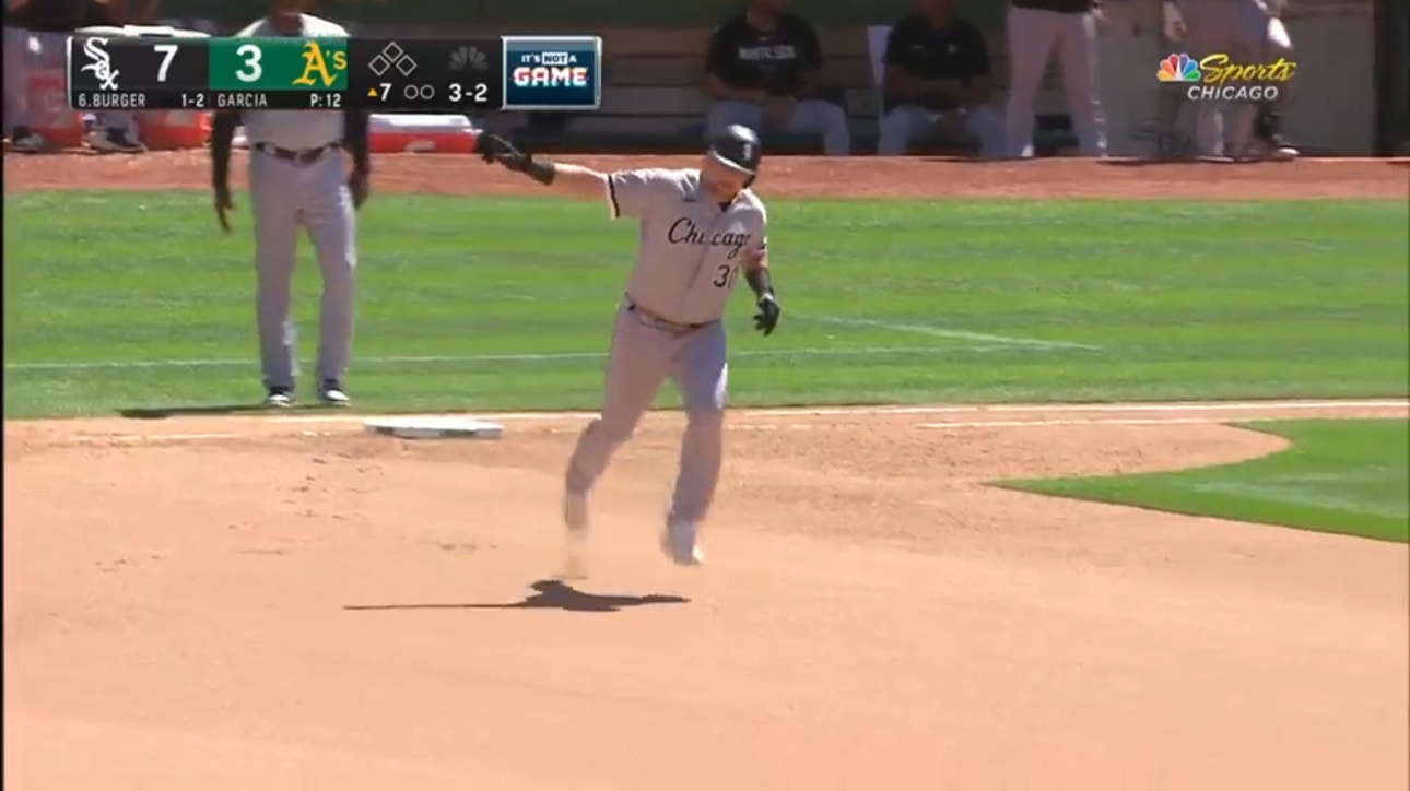 White Sox's Jake Burger sends a solo shot 442 feet to center field, extending the lead vs. the A's 8-3