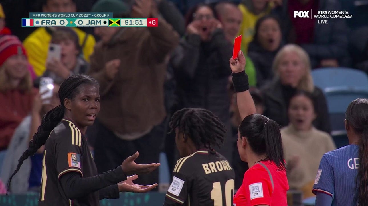 Jamaica's Bunny Shaw is ejected after second yellow card against France