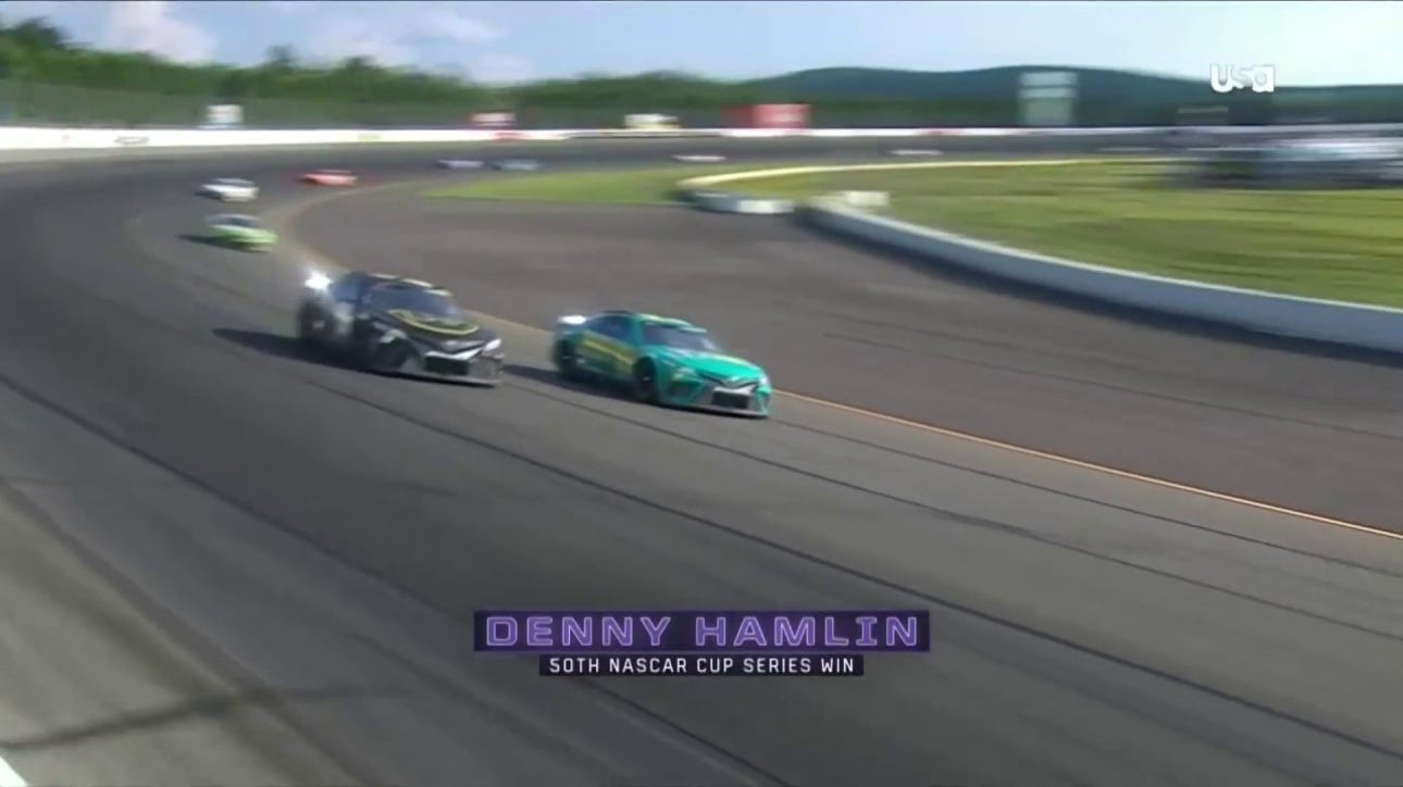 Denny Hamlin earns his 50th Cup Series victory, winning at Pocono when the caution comes out on the final lap