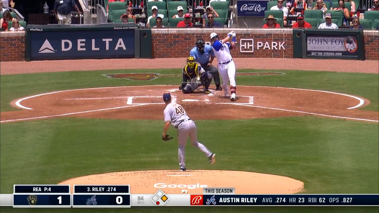 Austin Riley crushes a two-run home run to center field to give the Braves an early lead over the Brewers