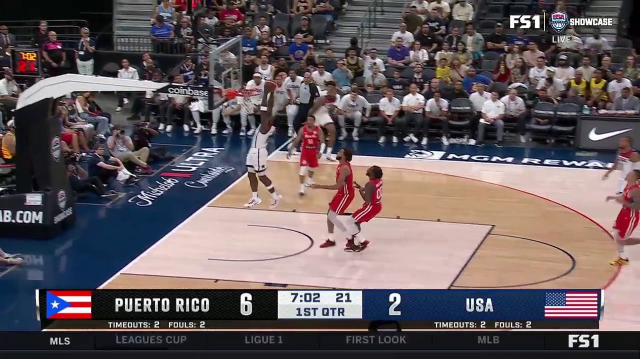 Brandon Ingram comes up with a block leading to a dunk in transition by Anthony Edwards as Team USA trails Puerto Rico