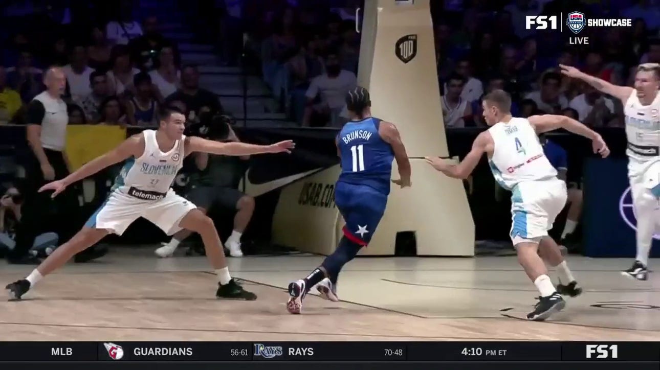 Jalen Brunson completes a no-look pass to Cam Johnson who buries a three, extending Team USA's lead vs. Slovenia