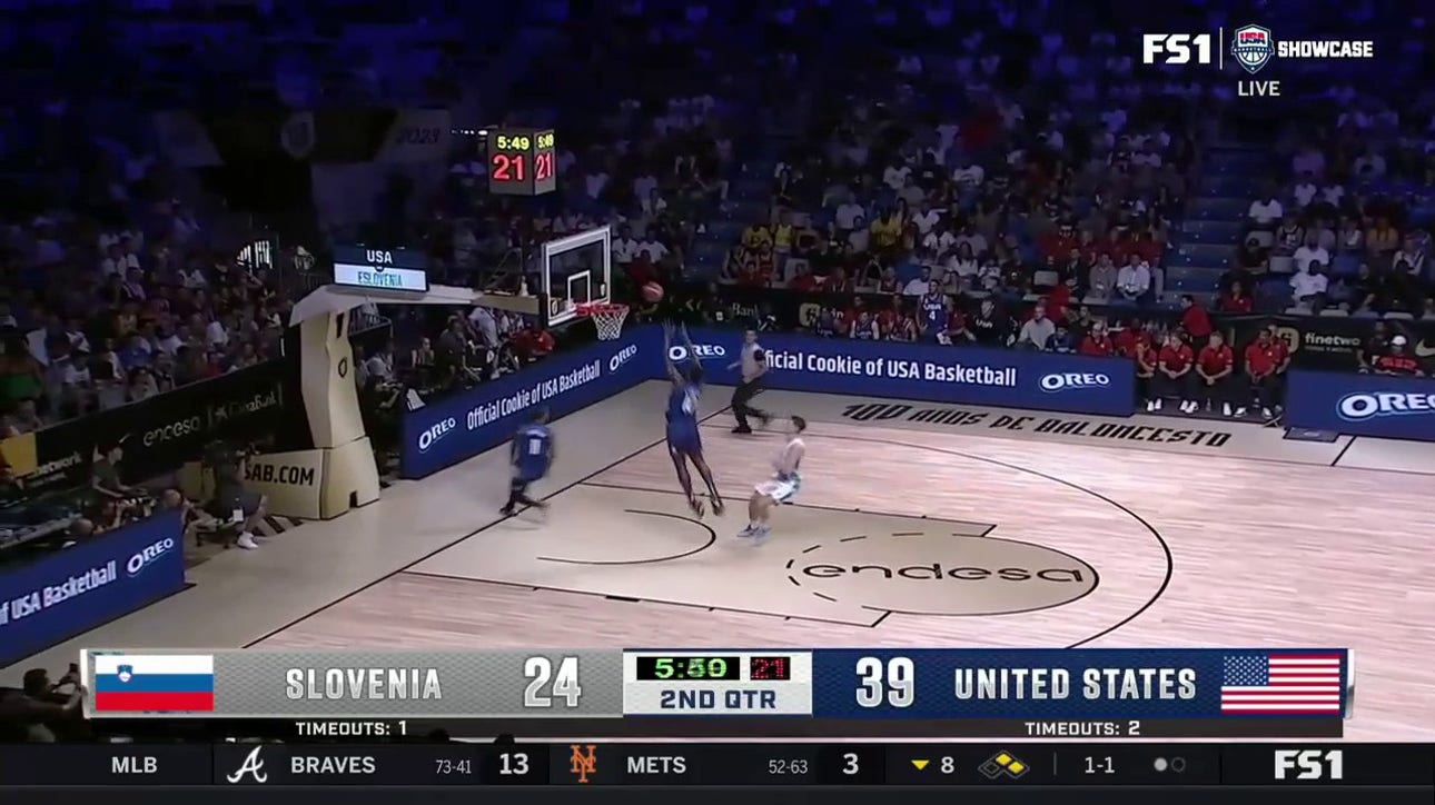Jalen Brunson lobs it off the backboard to Anthony Edwards for the alley-oop, extending Team USA's lead vs. Slovenia