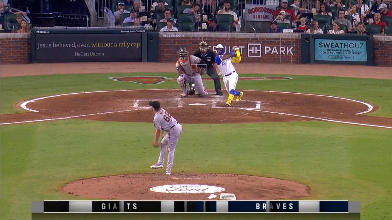 Ronald Acuña Jr. smacks a solo home run to right field to help the Braves tie the game against the Giants
