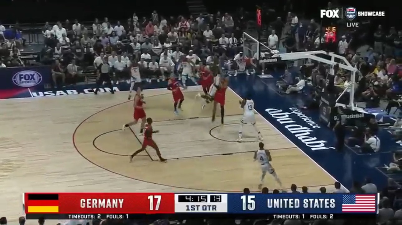 Anthony Edwards throws down the two-handed slam over Daniel Theis for Team USA