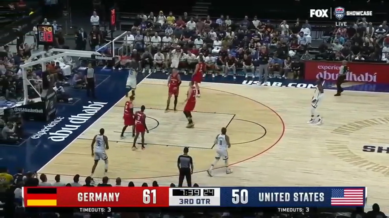 Anthony Edwards spins into the lane for the dunk, cutting Team USA's deficit vs. Germany