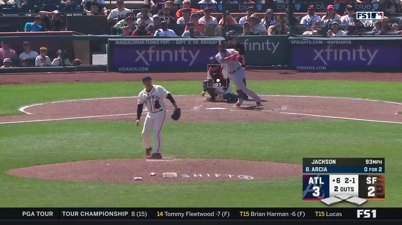 Orlando Arcia cranks a solo home run to center field to increase the Braves' lead over the Giants