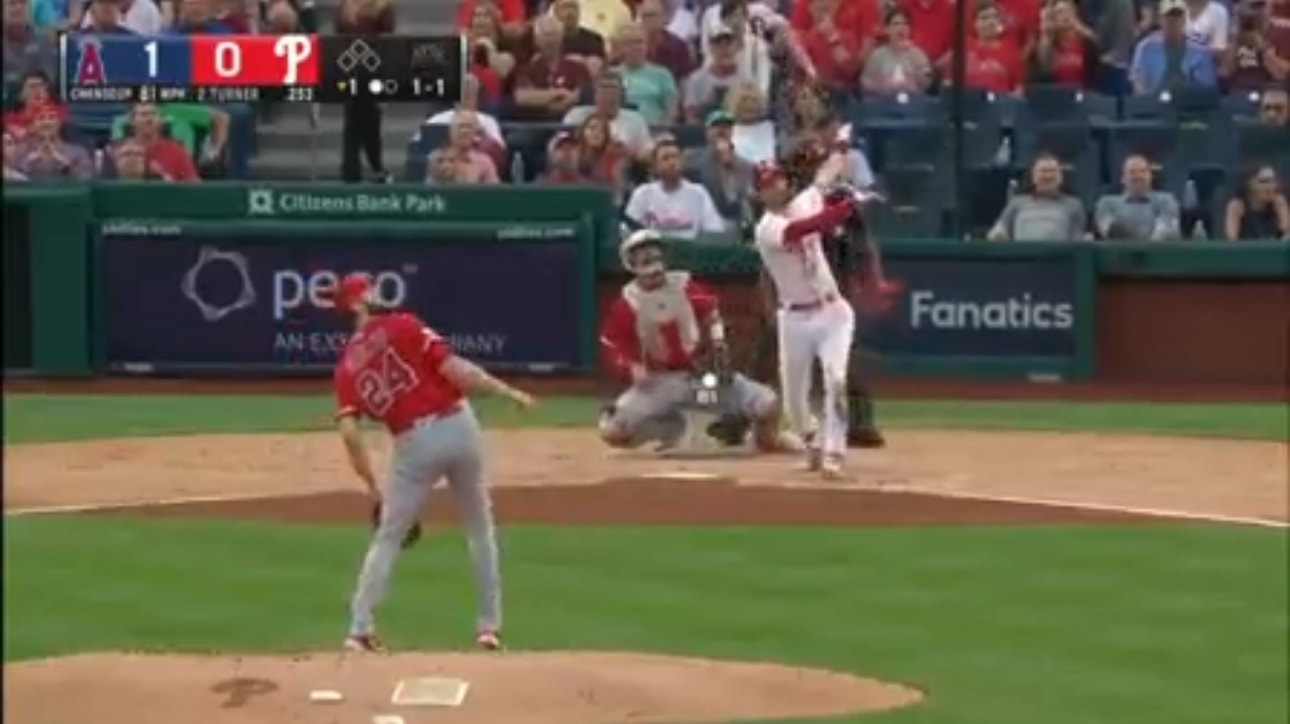 Trea Turner crushes a solo home run, bringing the Phillies to a tie with the Angels
