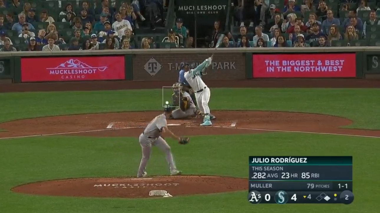 Julio Rodríguez CRUSHES a two-run homer to extend the Mariners' lead over the Athletics