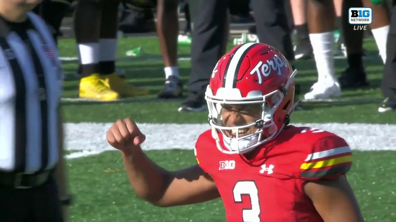 Maryland's Taulia Tagovailoa registers his fourth TD of the first half as he connects with Kaden Prather on a 13-yard TD