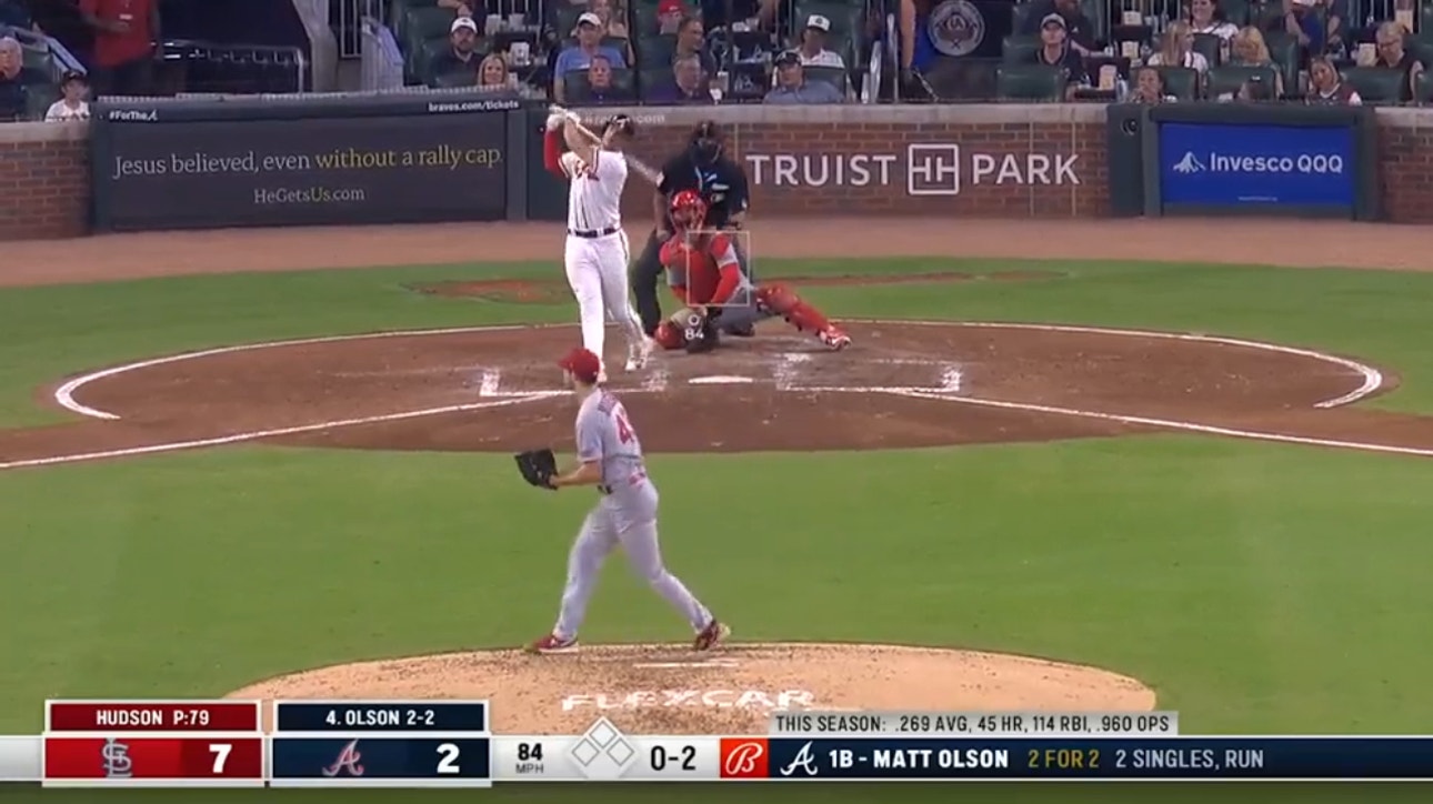 Braves' Matt Olson hits his league-leading 46th home run against the Cardinals
