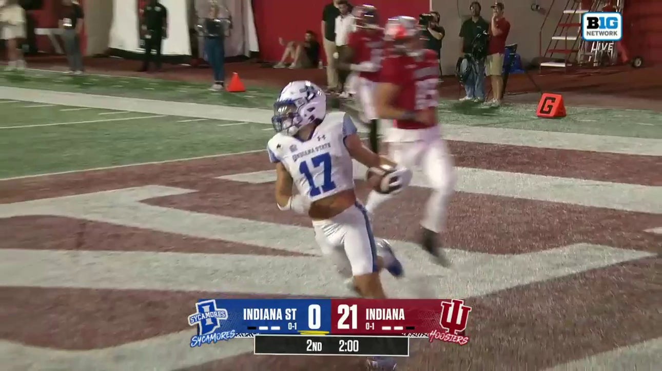Indiana State's Maddix Blackwell recovers a fumble and takes it 75 yards to the house to cut into Indiana's lead
