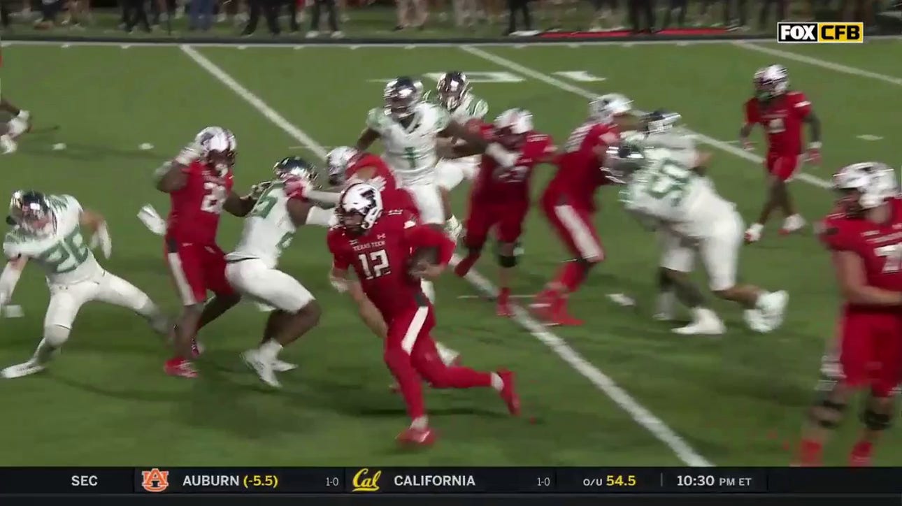 Tyler Shough rushes for a five-yard TD to give Texas Tech a lead over Oregon