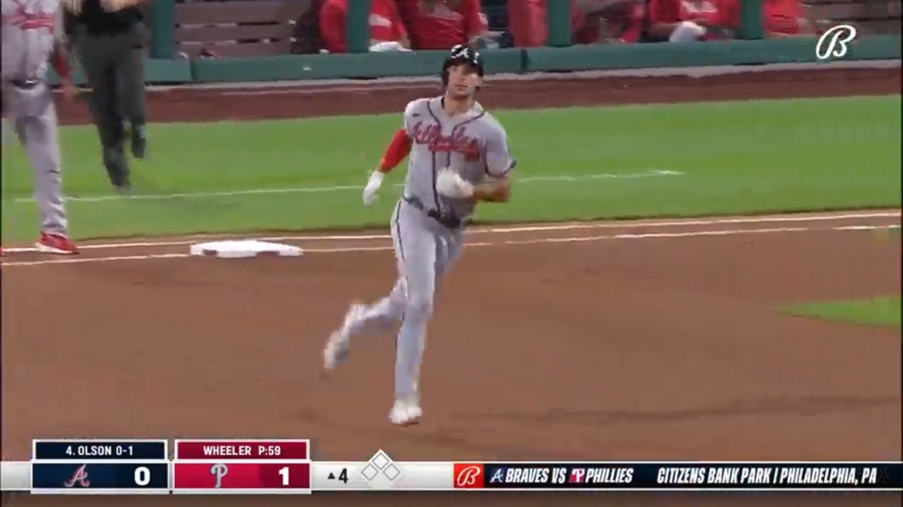 Braves' Matt Olson clobbers his major-league leading 51st home run of the season to tie the game against the Phillies