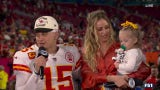 Patrick Mahomes speaks with the 'NFL on FOX' crew after Chiefs' win vs. Eagles in Super Bowl LVII