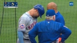Pete Alonso was hit by a Charlie Morton pitch in the first inning and was removed from the Mets-Braves game