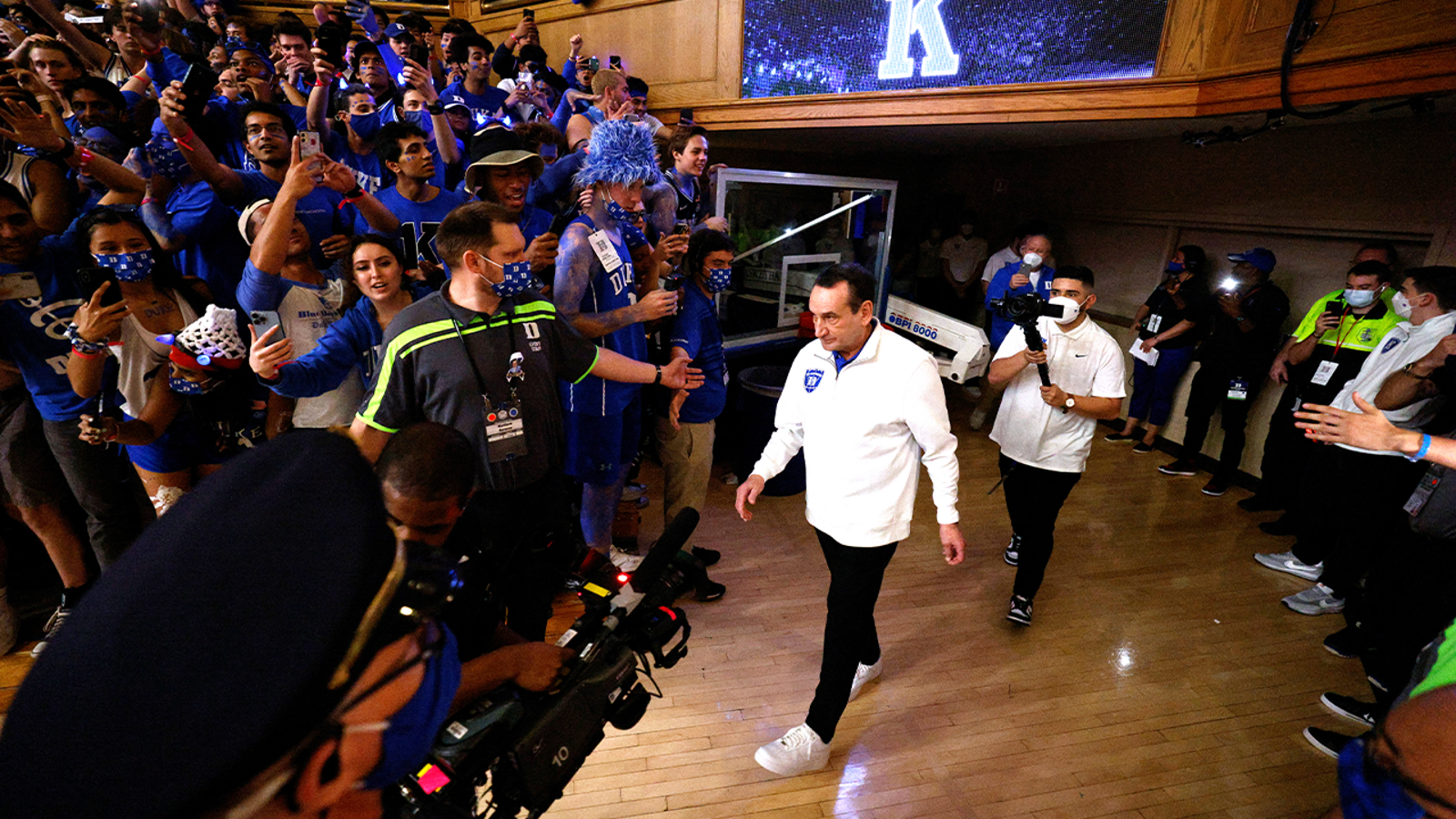 Mike Krzyzewski takes the floor at Cameron Indoor for the last time in front of the Duke faithful