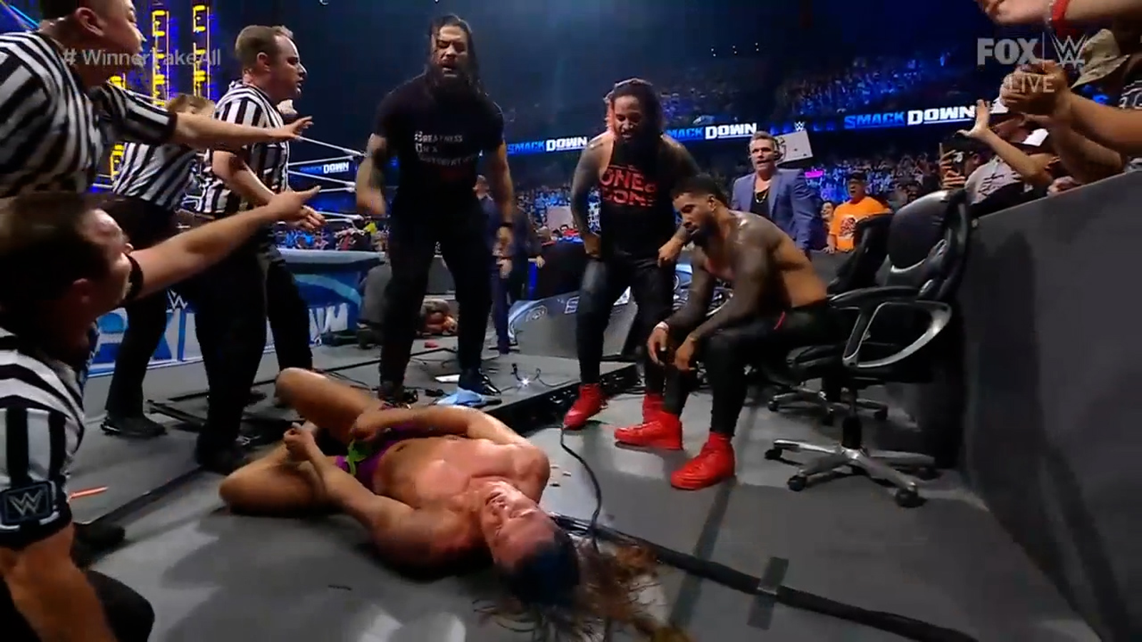 Roman Reigns interferes in RK-Bro vs. The Usos in the Unification Challenge I WWE on FOX