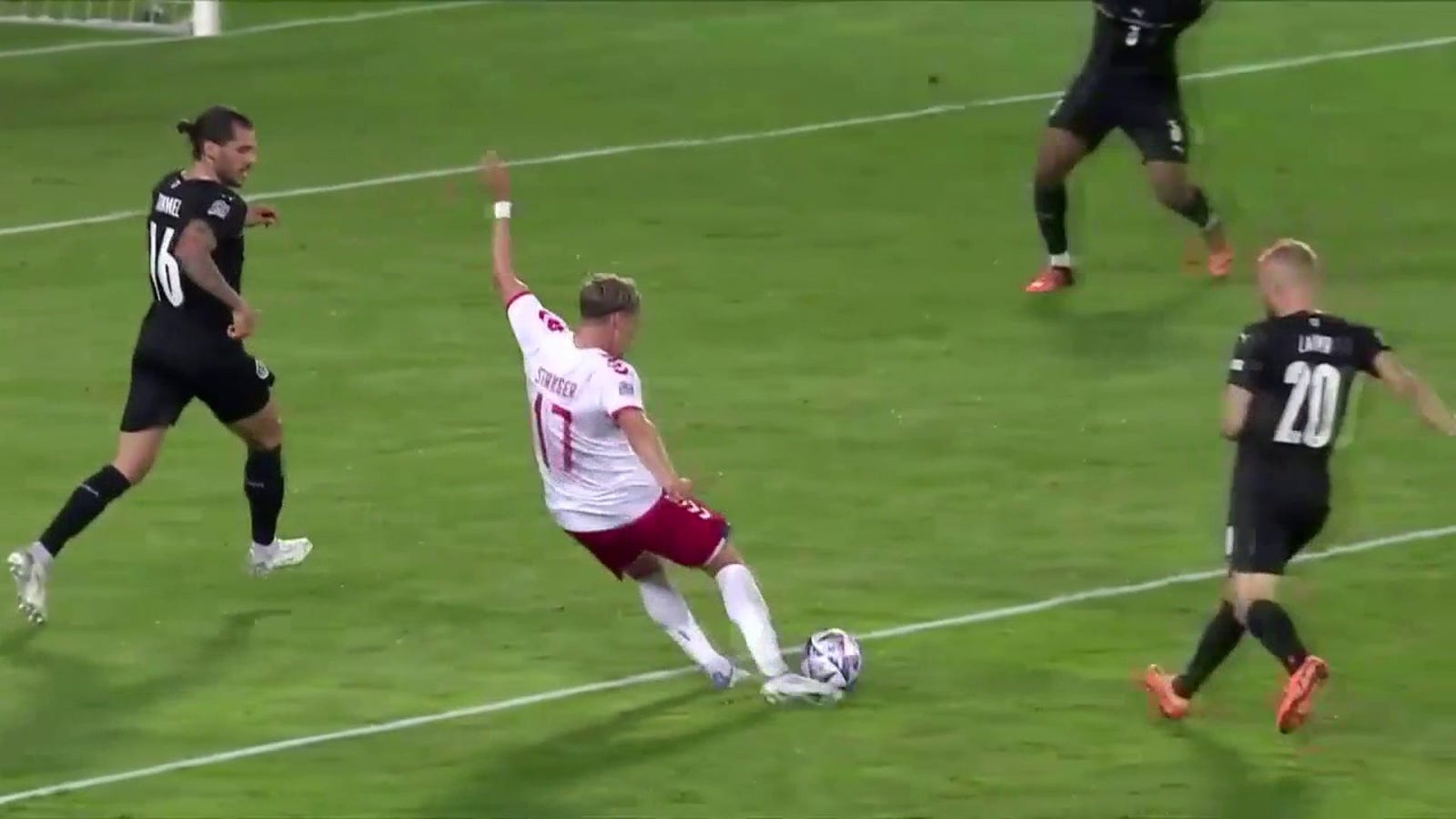 Jens Stryger Larsen's beautiful strike gives Denmark late 2-1 lead