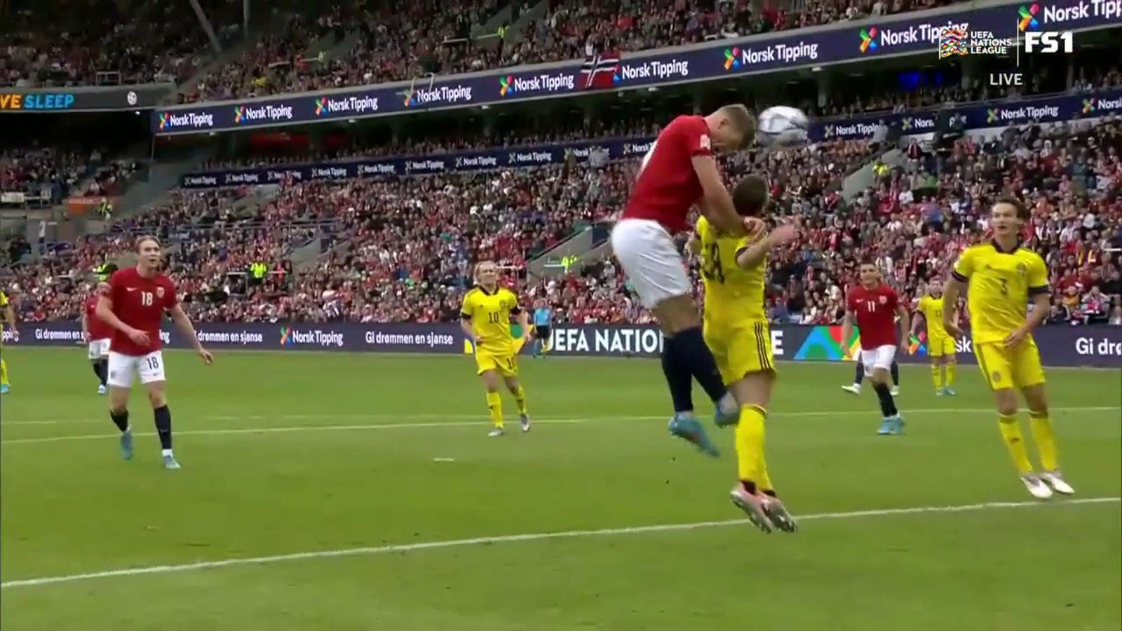 Alexander Sørloth rises for the header to extend Norway's lead