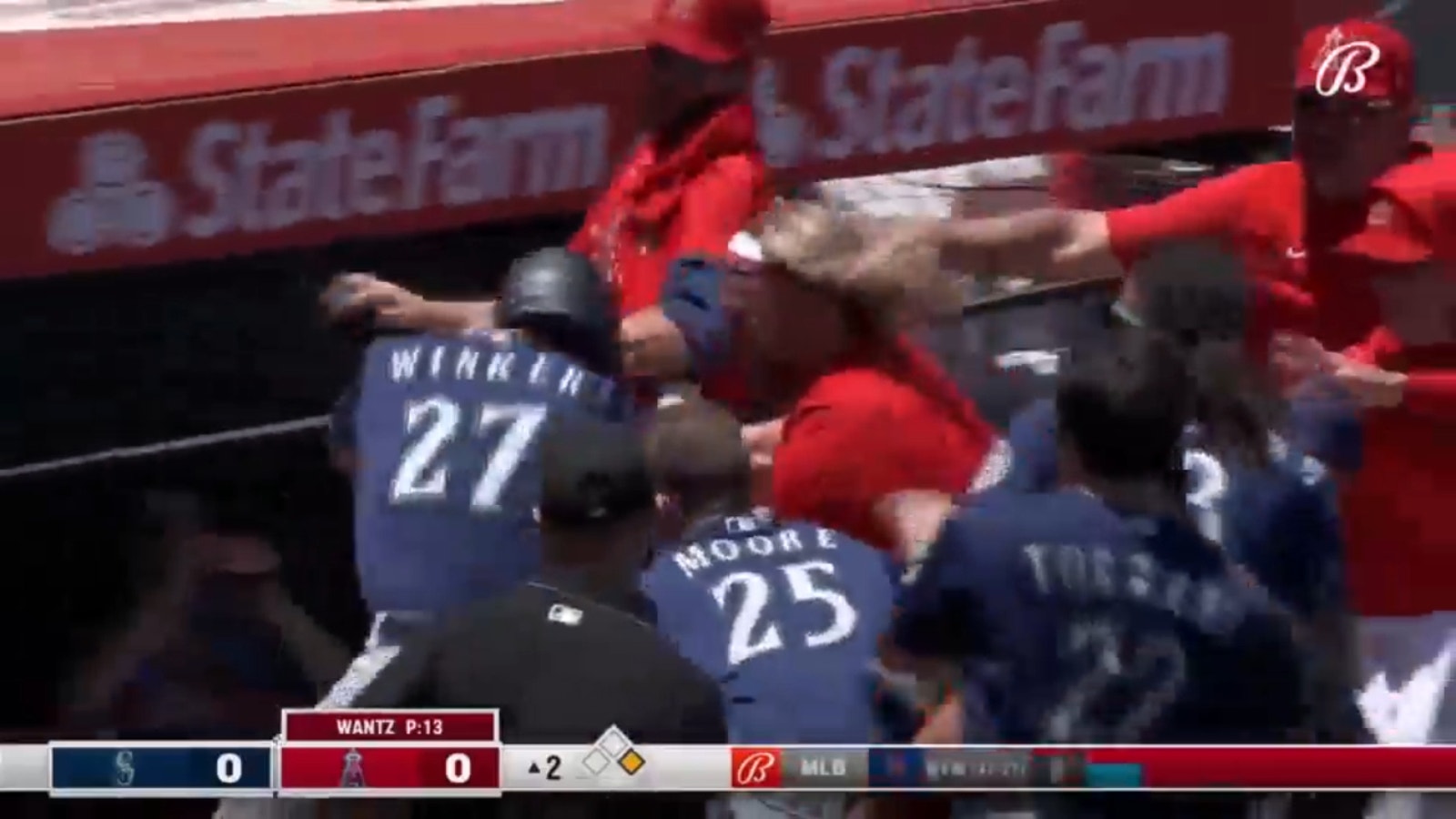 Mariners and Angels get into massive brawl after Andrew Wantz drilled Jesse Winker with a pitch