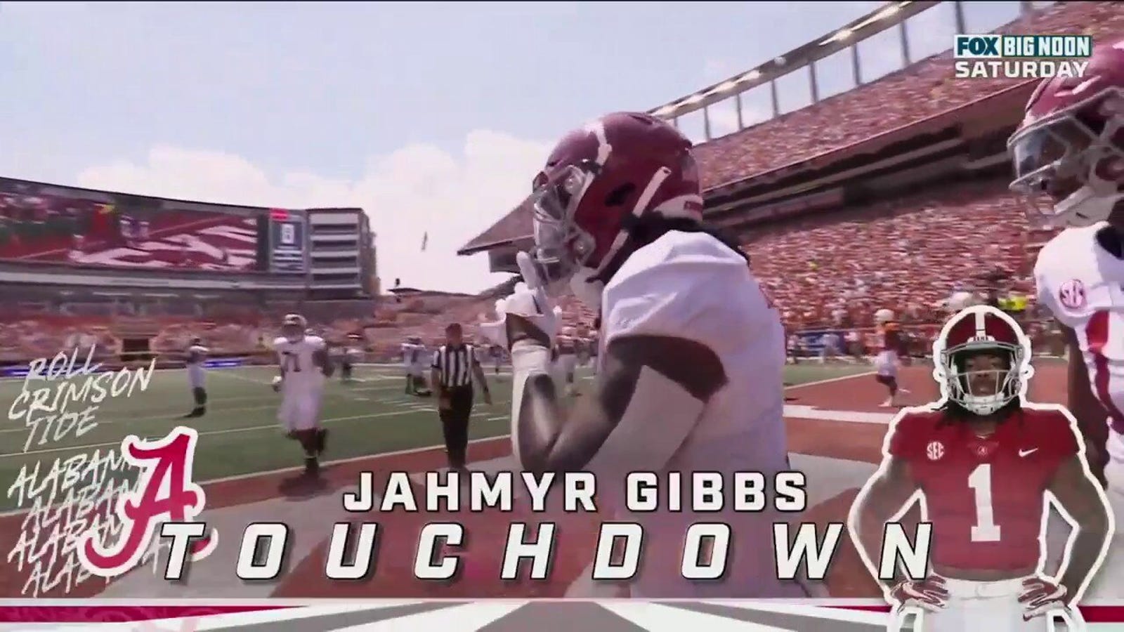 Bryce Young's pass finds Jahmyr Gibbs in the end zone