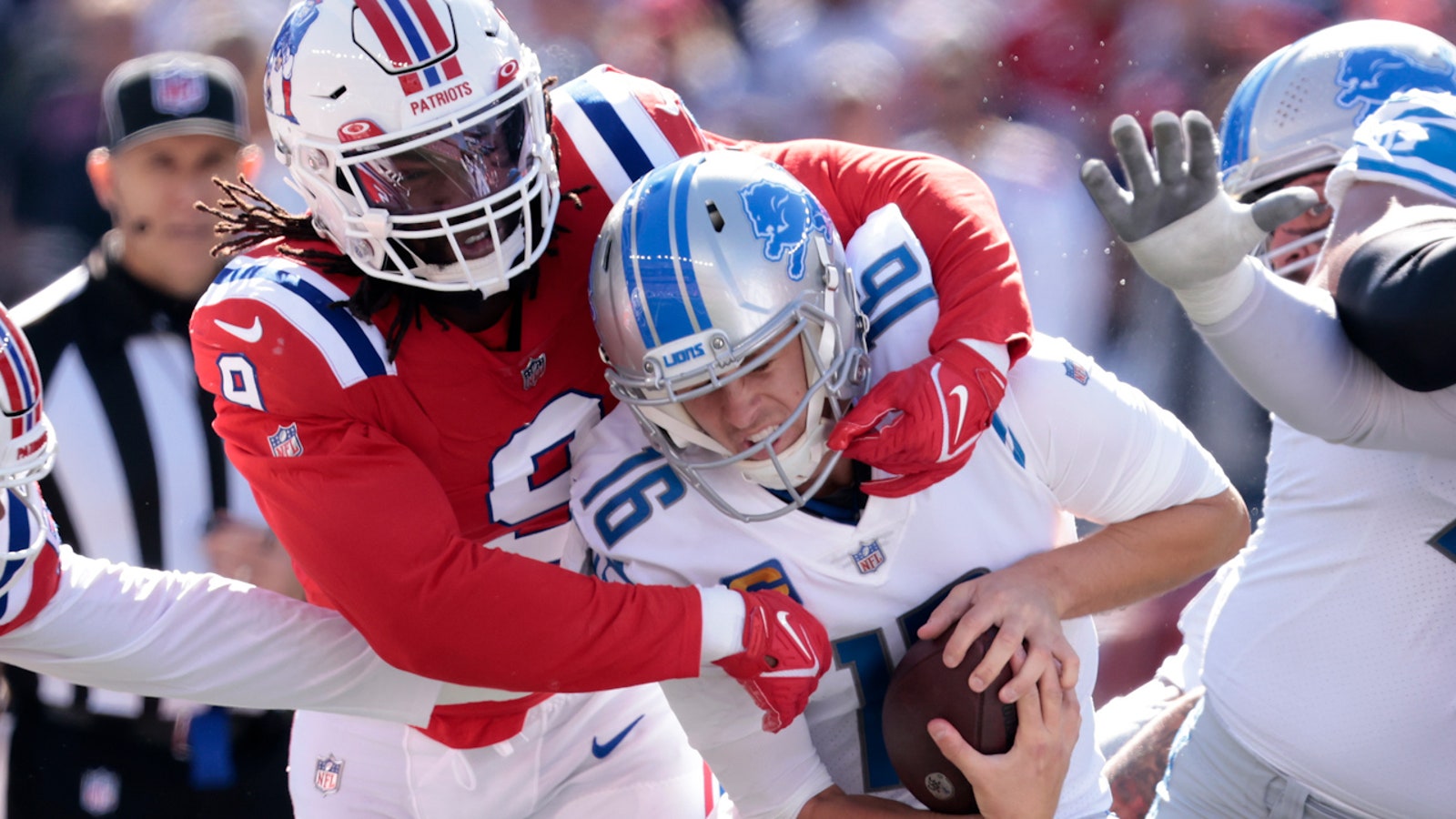 The Patriots thrashed the Lions 29-0 with two sacks, an interception and a scoop-and-score TD.