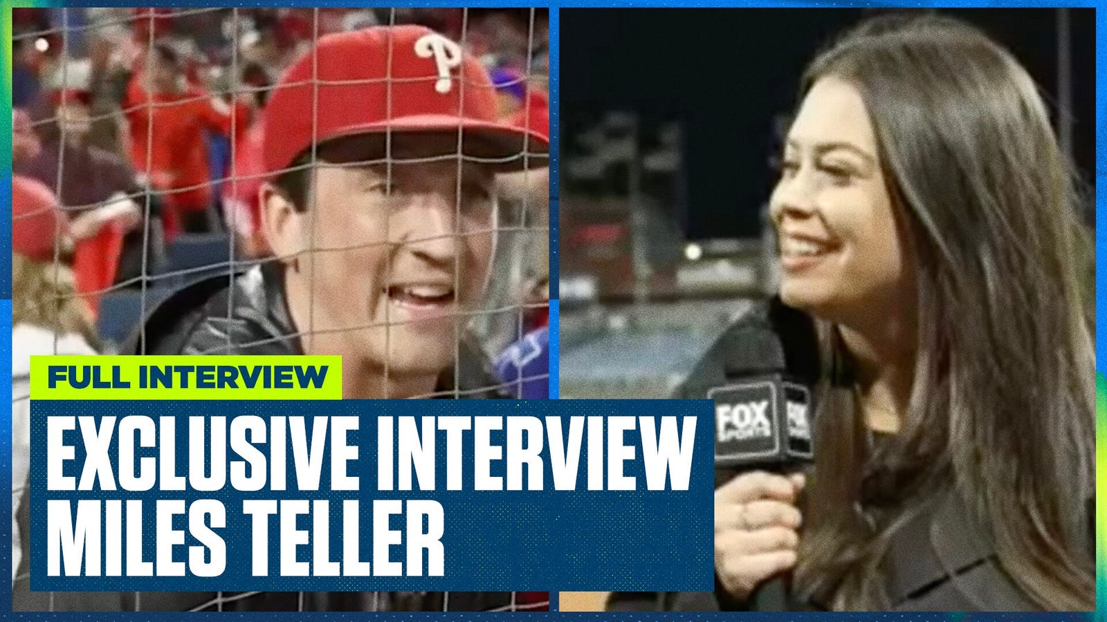 Philadelphia Phillies' fan Miles Teller talks with Alex Curry after the win