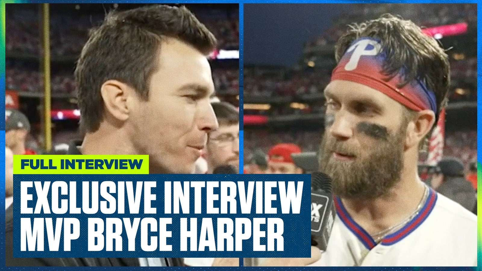 Philadelphia Phillies' Bryce Harper talks with Ben Verlander after the win