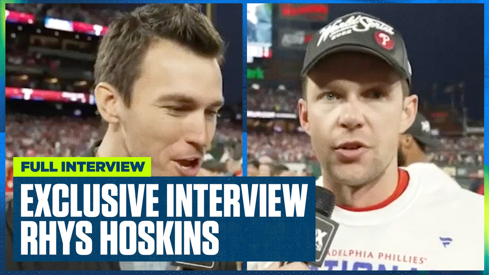 Phillies' Rhys Hoskins talks with Ben Verlander after winning the NLCS