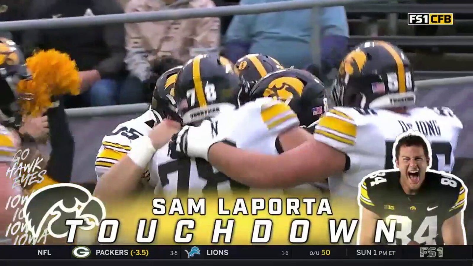 Spencer Petras connects with Sam LaPorta for a 16-yard touchdown as Iowa takes a 7-0 lead over Purdue