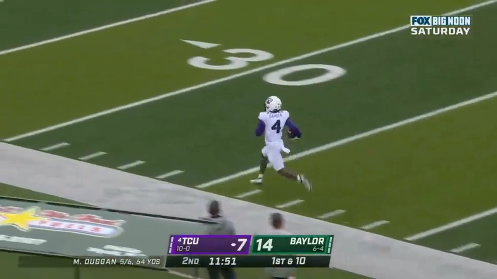 Max Duggan hits Taye Barber with a 77-yard pass