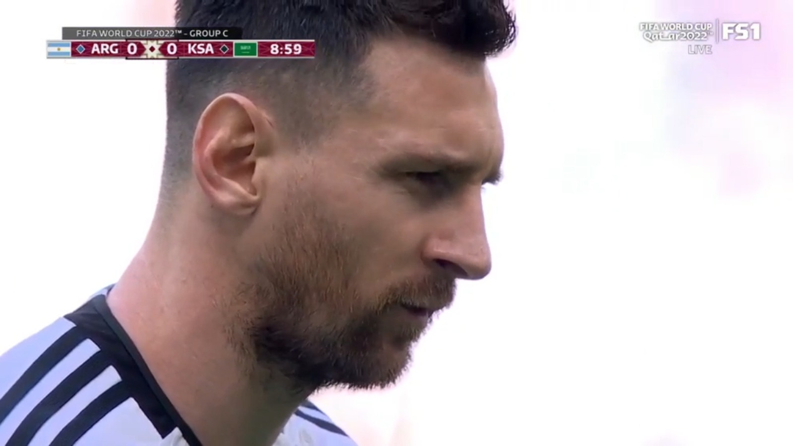 Lionel Messi scores a PK for Argentina in the 10th minute to take a 1-0 lead against Saudi Arabia